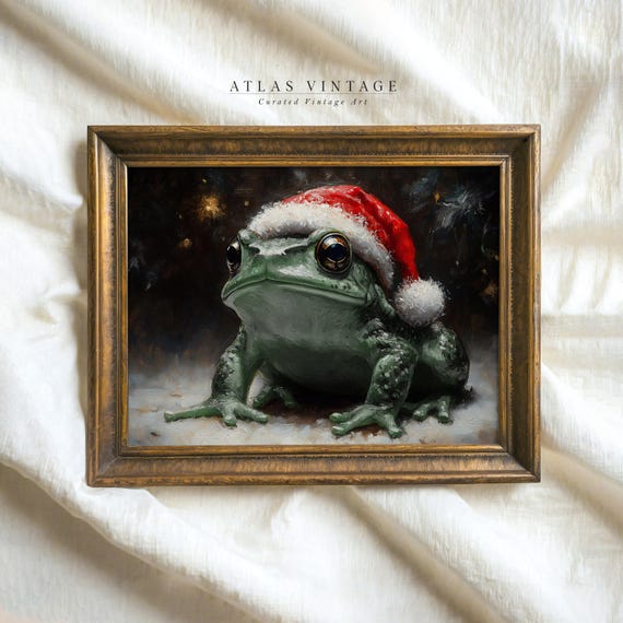 Vintage Christmas Frog Print Cute Toad In Santa Hat Painting Print Winter Holiday Wall Art Dark Xmas Festive Wall Decor