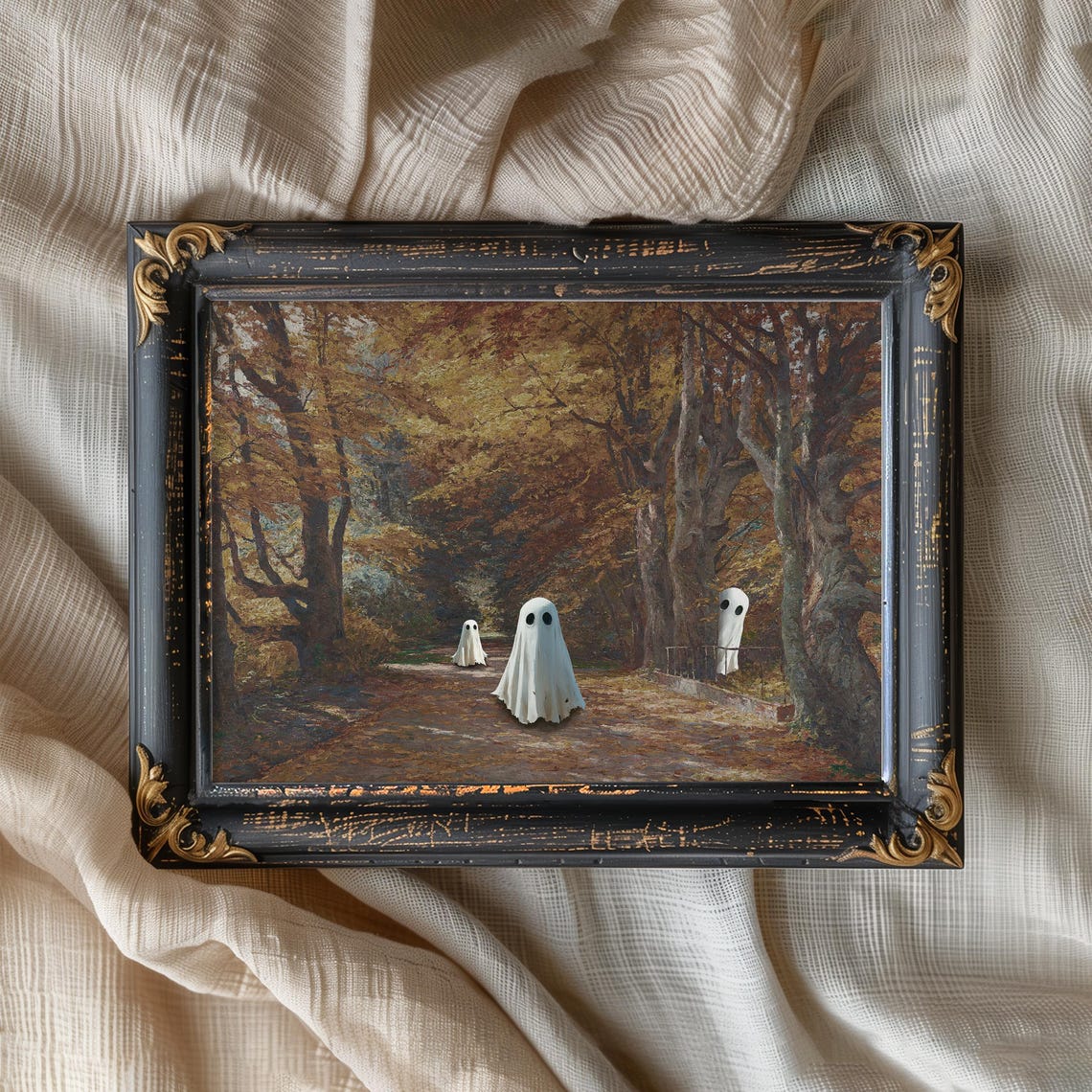 Spooky Ghosts on Autumn Forest Road Vintage Halloween Art Poster - Image 8