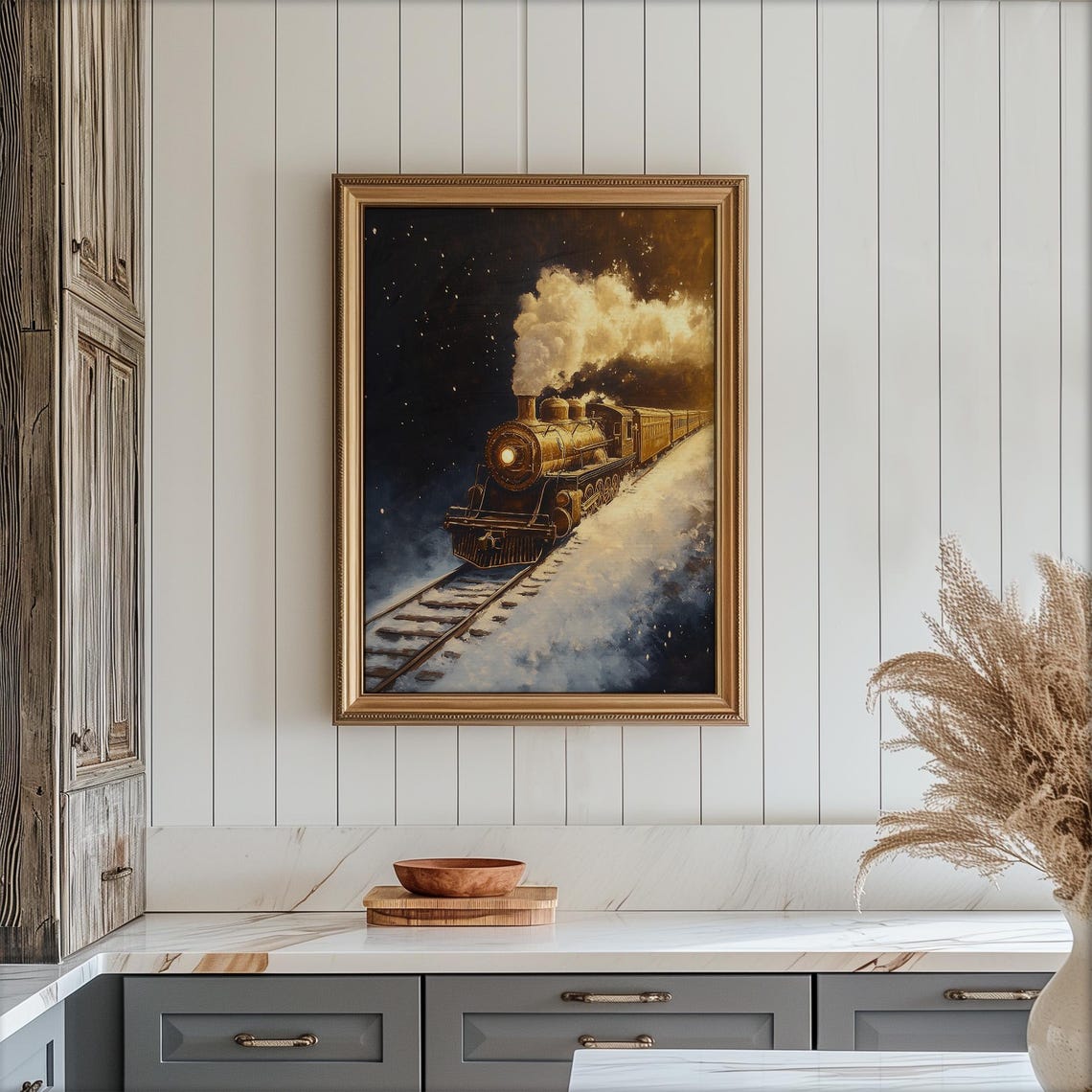 Vintage Golden Steam Train Night Poster Snowy Winter Railway Scene - Image 4