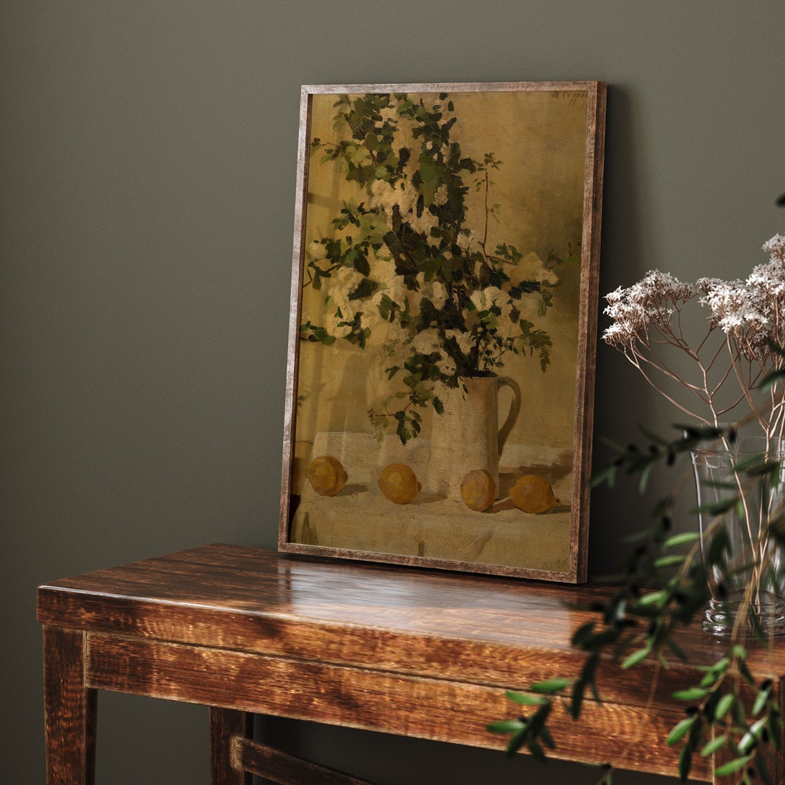 White Blossoms in Pitcher With Lemons Antique Still Life Poster - Image 8