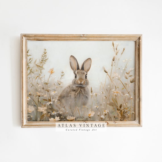 Easter Bunny Vintage Print Hare In Summer Meadow Painting Rustic Spring Decor Rabbit Nursery Wall Art Neutral Moody Landscape