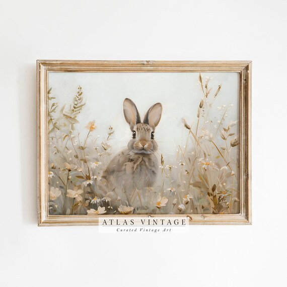 Sweet Bunny Summer Wildflower Meadow Vintage Easter Nursery Painting Poster