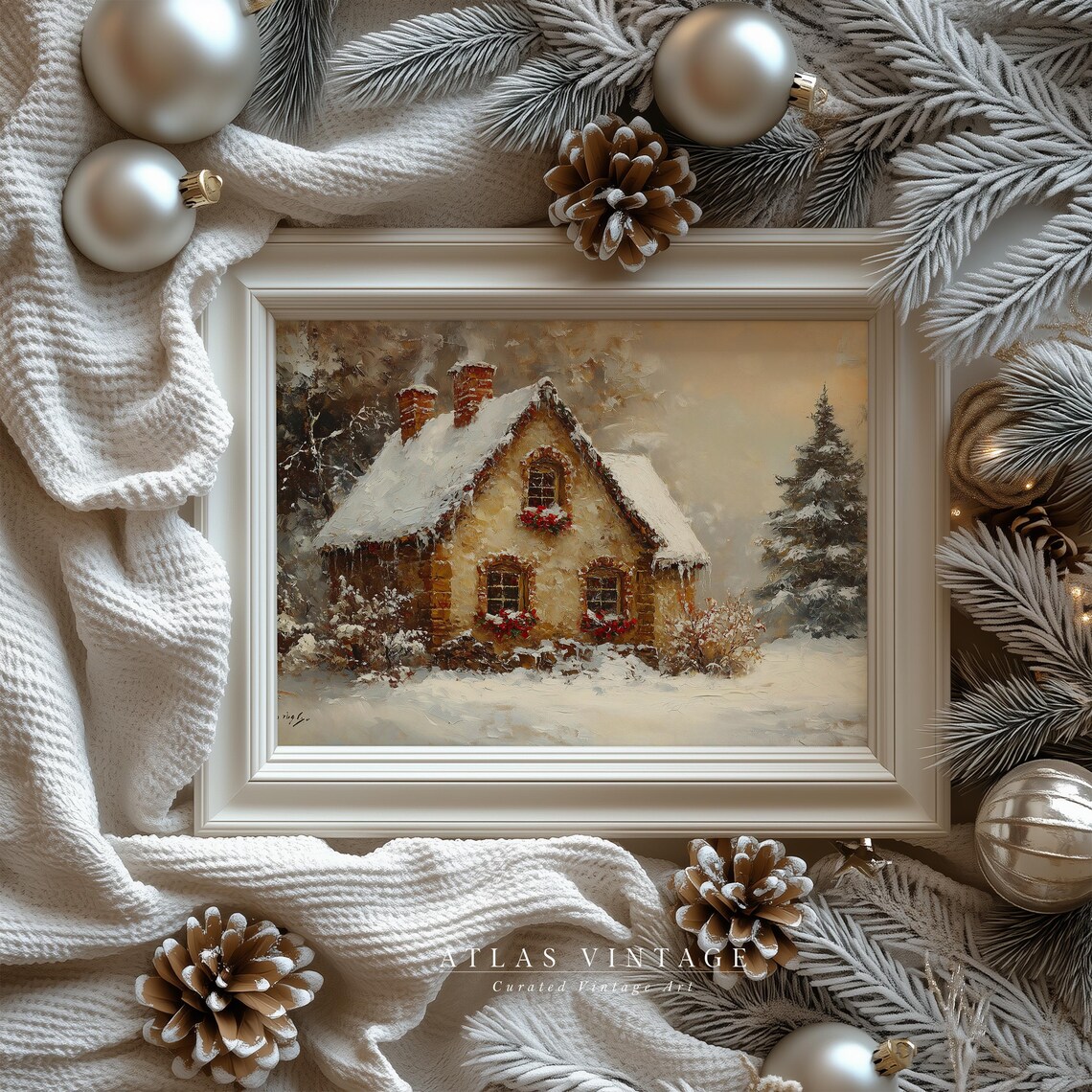 Vintage Christmas Cabin Snowy Cottage Winter Night Oil Painting Poster - Image 3