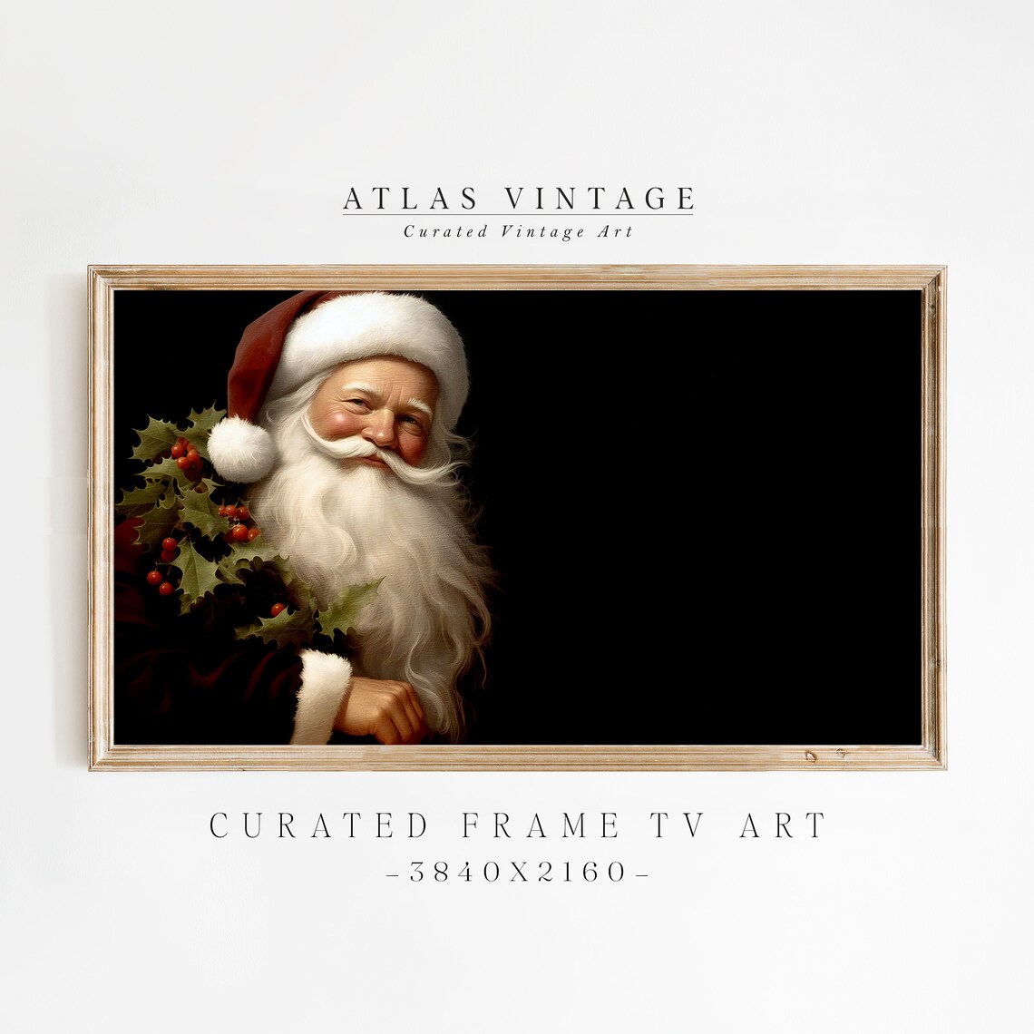Santa Claus Portrait With Holly Dark Vintage Christmas Poster