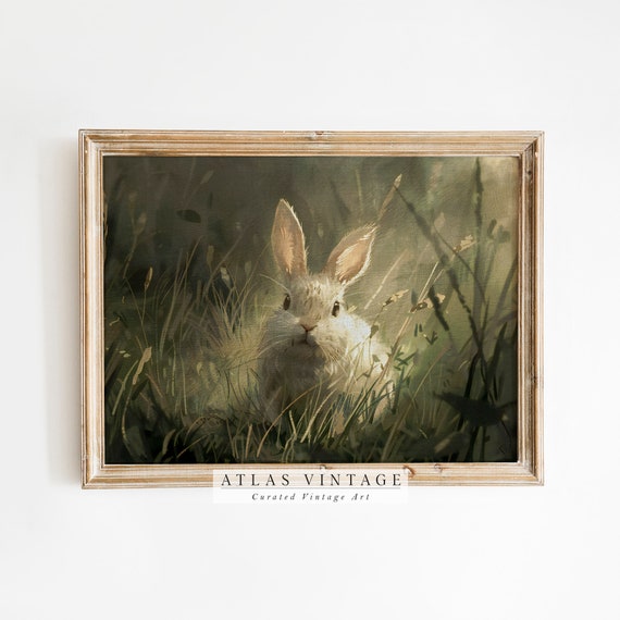Vintage Easter Bunny Print Antique Spring Rabbit Painting Neutral Country Farmhouse Dcor Dark Moody Rustic Wall Art