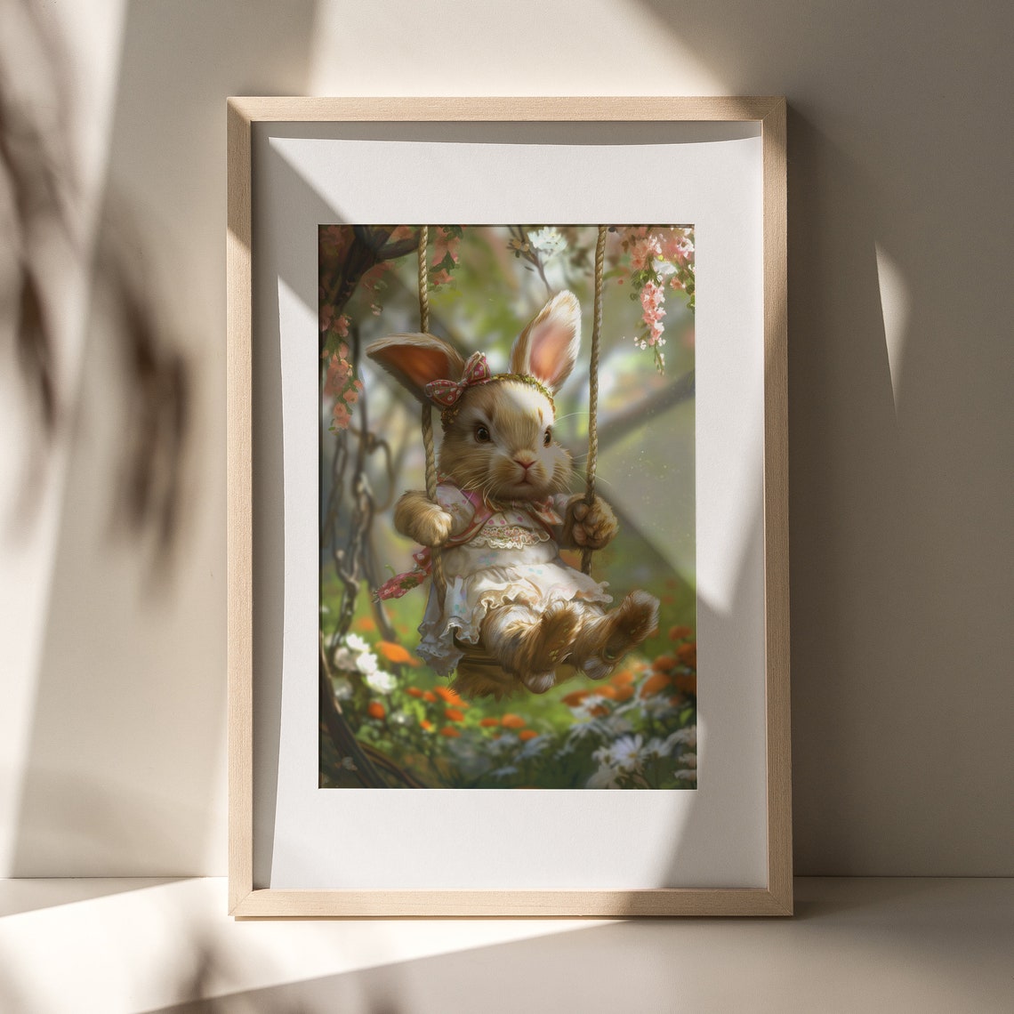 Vintage Cute Swinging Easter Bunny Print Spring Rabbit Wall Art Nursery Dcor Kids Room Dcor Antique Bunny Painting - Image 3