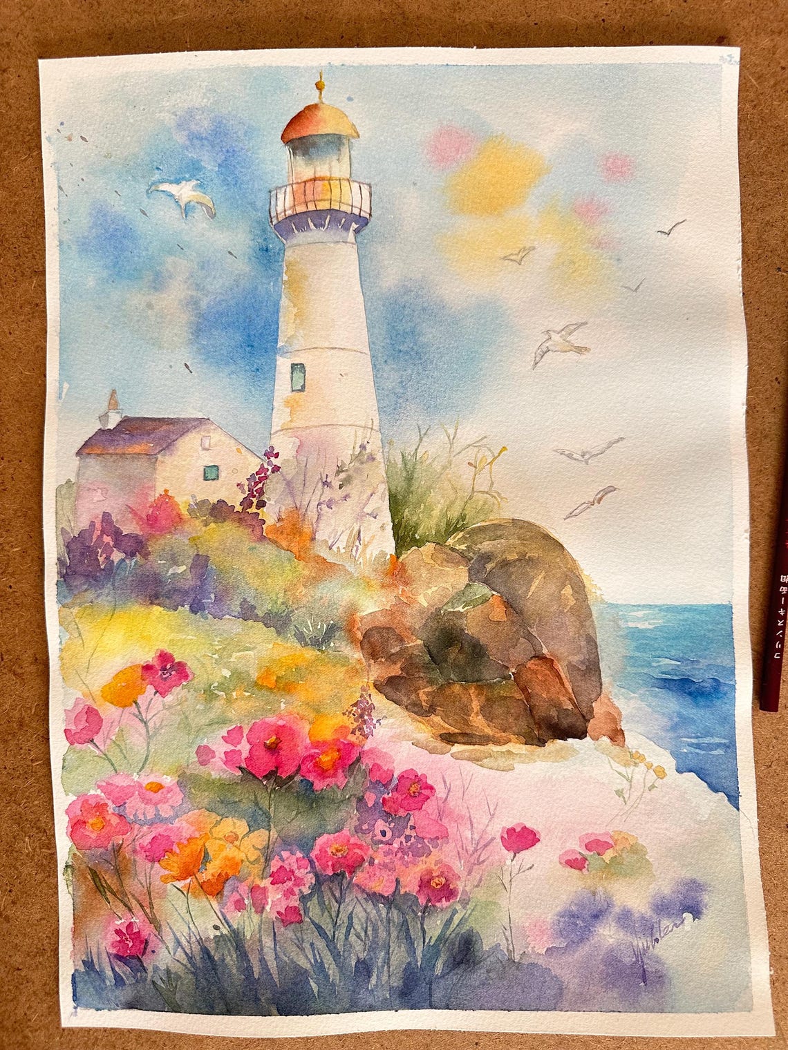 White Lighthouse on a Rocky Wildflower Coast Watercolor Poster - Image 2