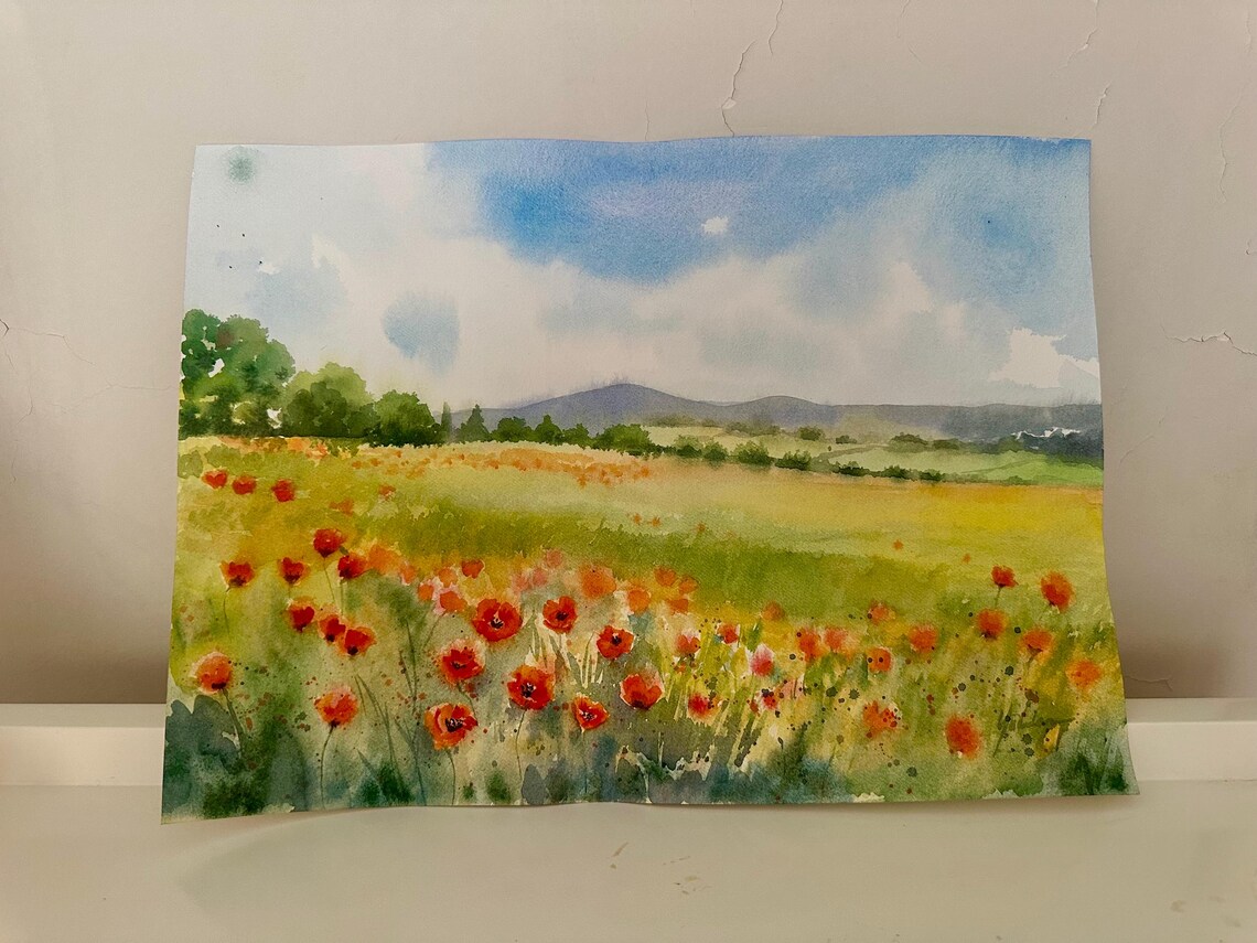 Poppy Meadow with Rolling Hills and Blue Sky Watercolor Poster - Image 2