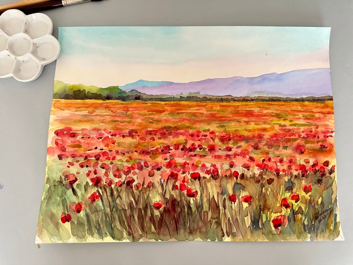 Vast Red Poppy Field Under Purple Mountains Watercolor Poster - Image 5