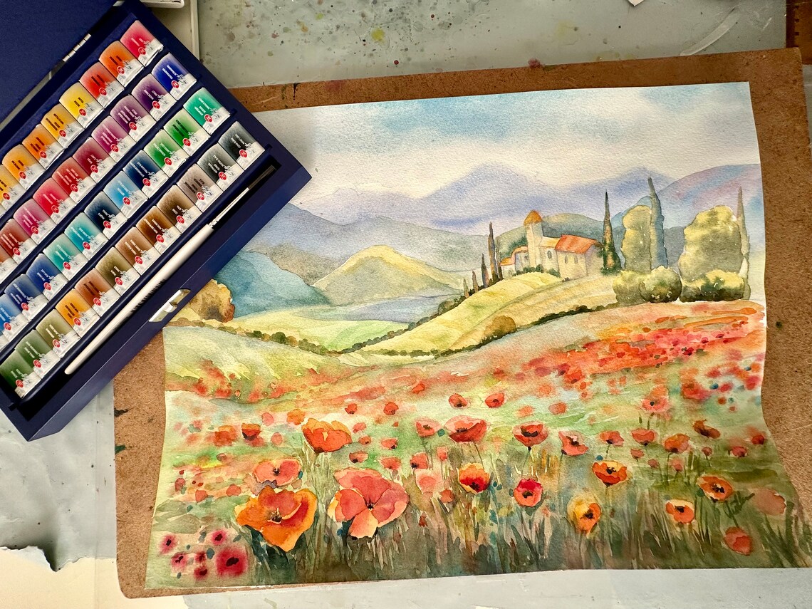 Tuscan Villa Above a Red Poppy Field Watercolor Landscape Poster - Image 2