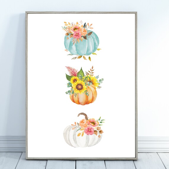 Three Watercolor Pumpkins Teal Orange White Sunflower Fall Poster