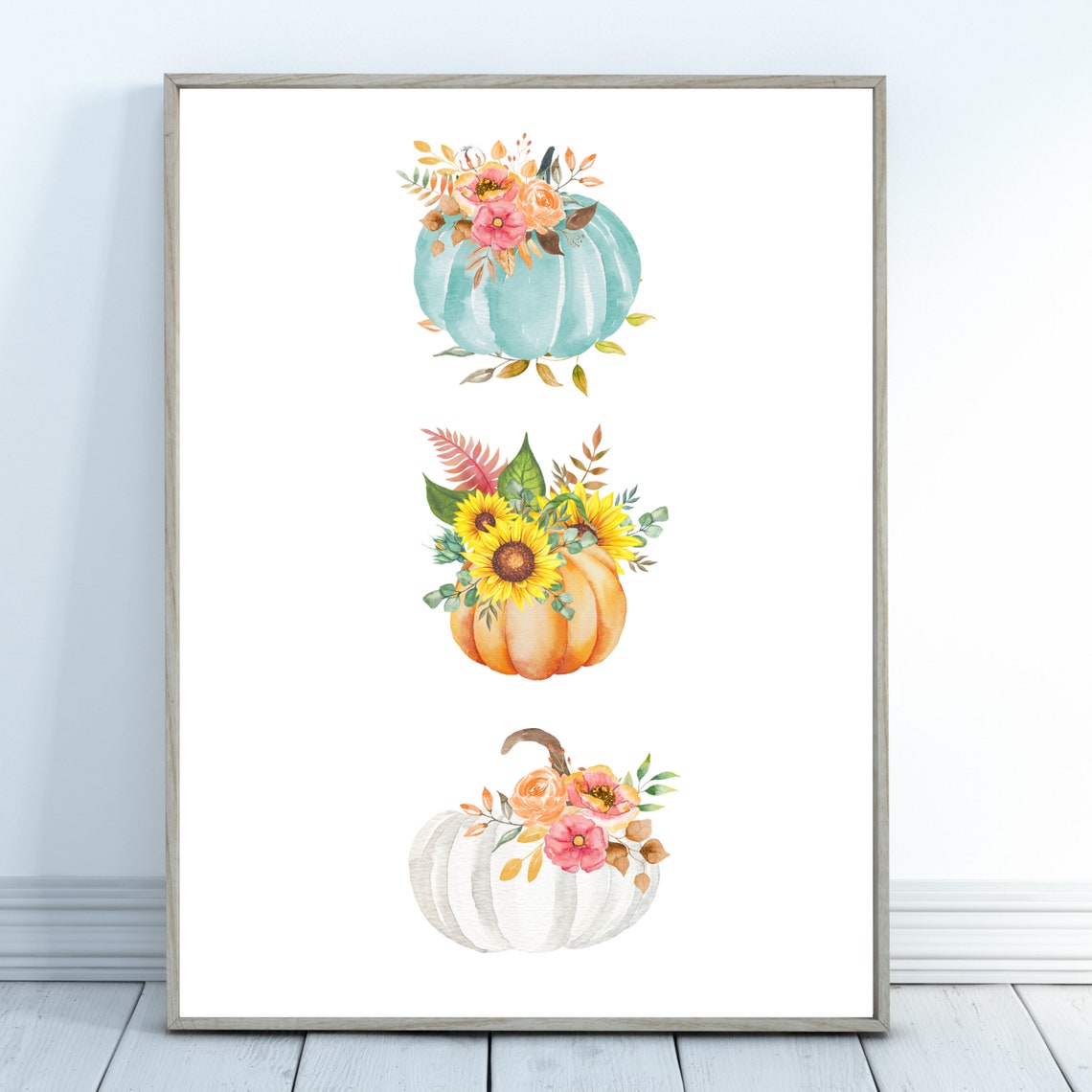 Three Watercolor Pumpkins Teal Orange White Sunflower Fall Poster