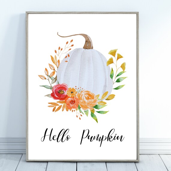 Hello Pumpkin White Watercolor Pumpkin Coral Floral Fall Poster