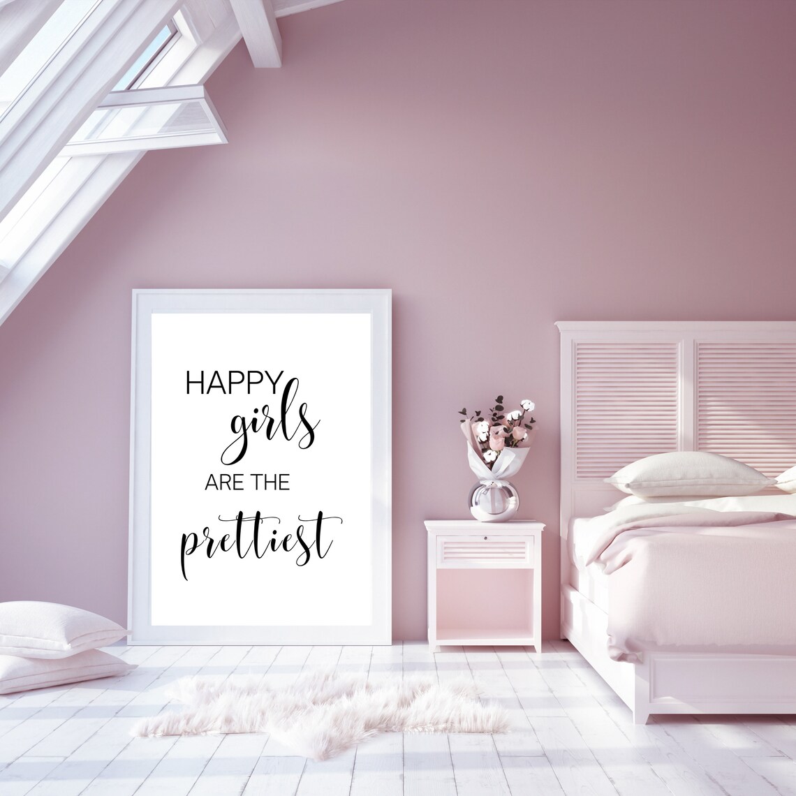 Happy Girls Are The Prettiest White Frame Blush Pink Bedroom Poster - Image 3