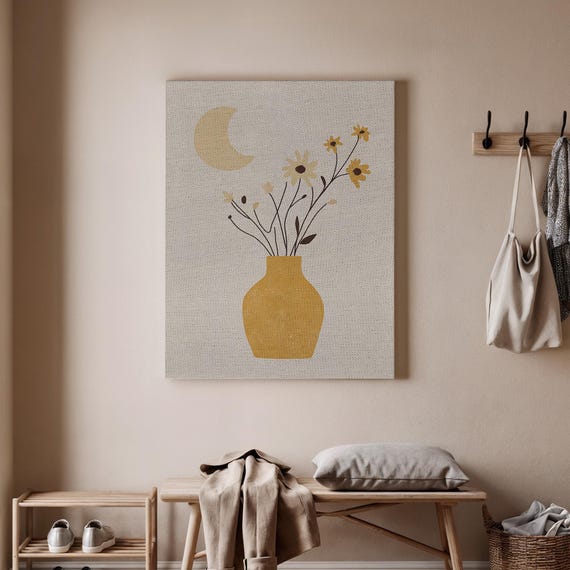 Framed Minimalist Flower Vase Canvas Print Yellow With Moon And Flowers Simple Nature Wall Art For Living Room Bedroom Or Office