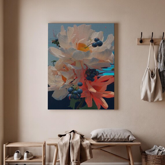 Lush Vibrant Peony Blooms with Blue Berries Floral Art Poster