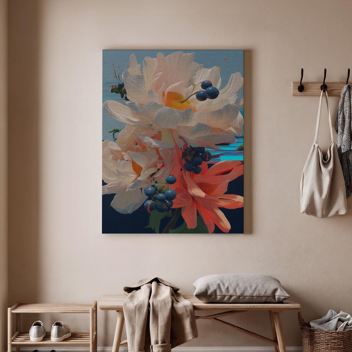 Lush Vibrant Peony Blooms with Blue Berries Floral Art Poster