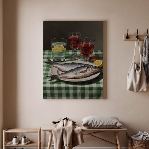 Still Life Art Print Fish And Drinks Poster Food Drink Canvas Realistic Vibrant Kitchen Decor Classic Wall