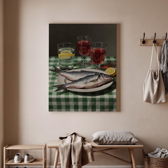 Still Life Fish Red Wine Dinner Rustic Kitchen Checkered Table Poster