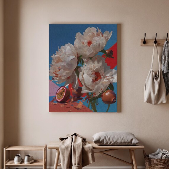 Peonies And Passionfruit Canvas Art Floral Fruit Wall Modern Botanical Print Colorful Home Decor For Living Room Or Bedroom