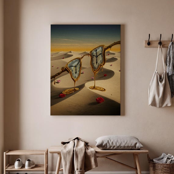 Surreal Melting Clocks Canvas Art Abstract Time Dali Inspired Wall Decor Golden Desert Landscape Painting Modern Surrealist