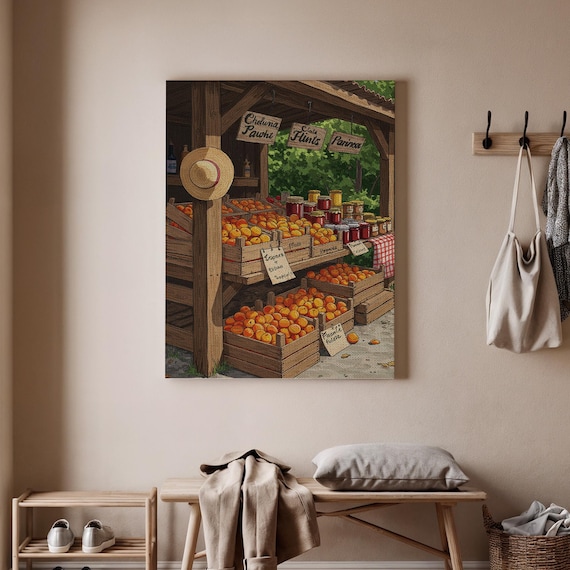 Rustic Fruit Market Stall Wooden Crates Fresh Citrus Preserves Art Poster
