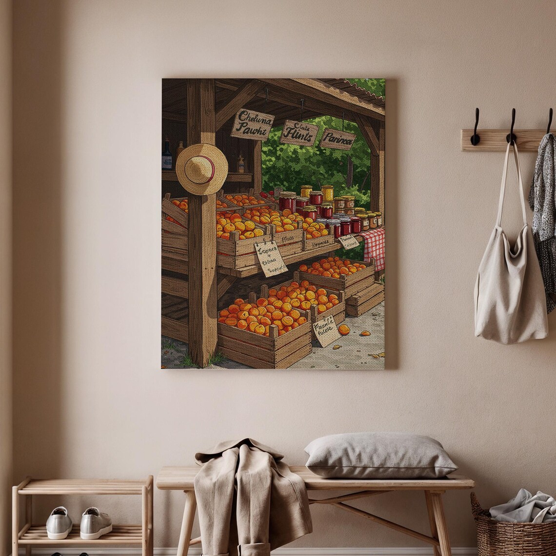 Rustic Fruit Market Stall Wooden Crates Fresh Citrus Preserves Art Poster