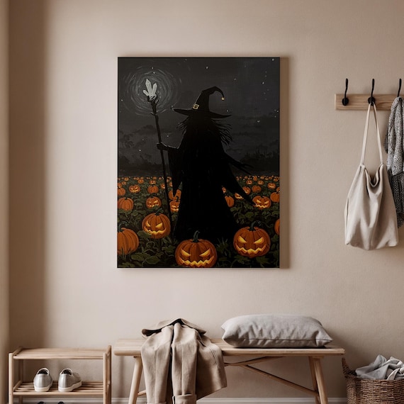 Halloween Witch Pumpkin Patch Canvas Wall Art In Field Spooky And Glowing Haunted Autumn Decor