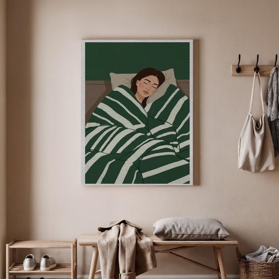 Cozy Woman In Striped Blanket Canvas Art Minimalist Illustration Of Sleeping Modern Wall Decor For Bedroom Or Living Room