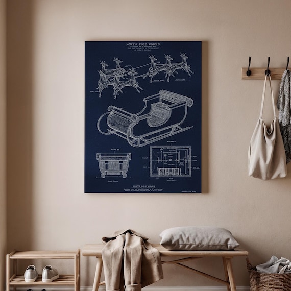 North Pole Works Reindeer Sleigh Patent Technical Drawing Poster