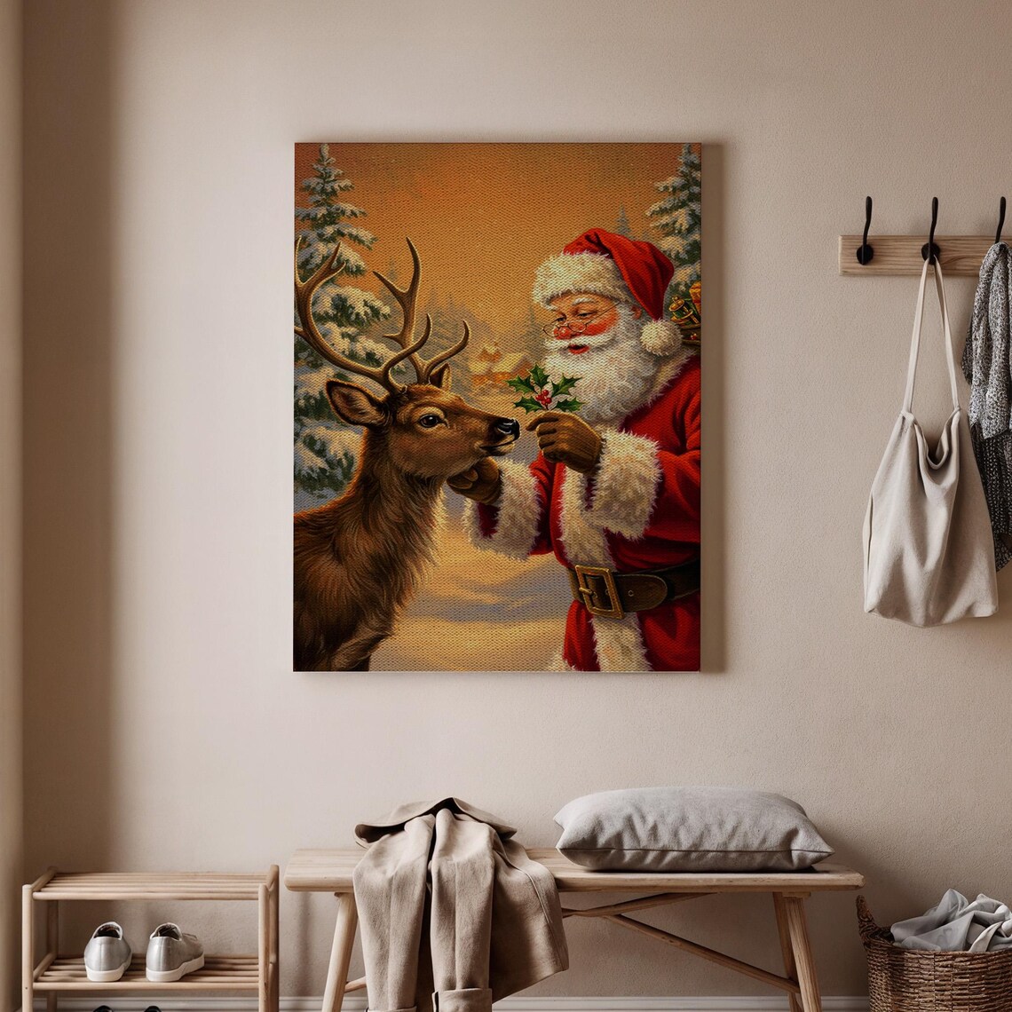 Santa Claus Feeding Reindeer Holly Vintage Christmas Deer Art Poster