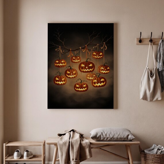 Hanging Jackolanterns Halloween Canvas Wall Art Spooky Pumpkin Garland Decor Festive For Home And