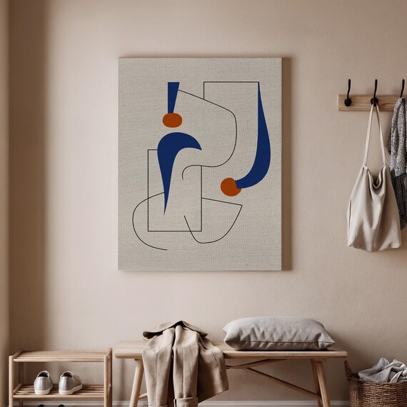 Abstract Geometric Art Bold Blue And Orange Print Modern Shape Wall Minimalist Contemporary Canvas Line Decor