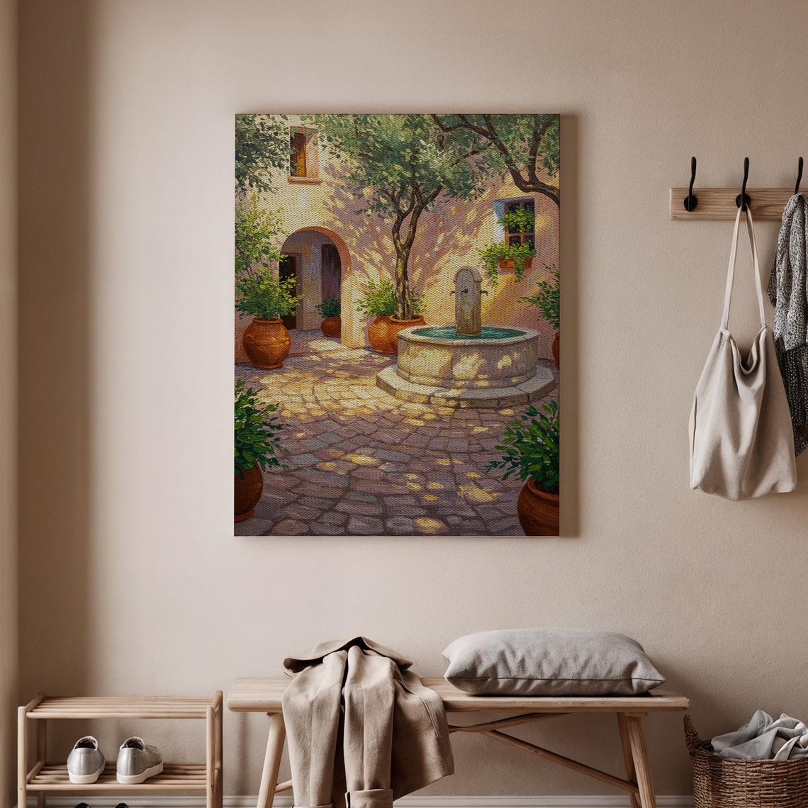 Serene Courtyard Fountain With Potted Plants Mediterranean Poster