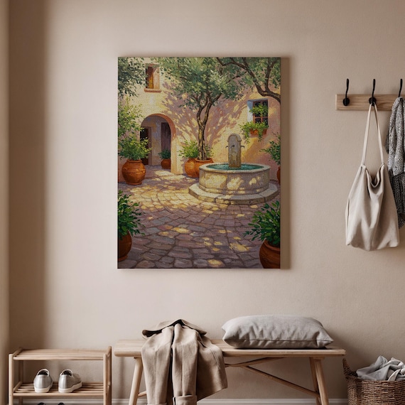 Serene Courtyard Fountain With Potted Plants Mediterranean Poster