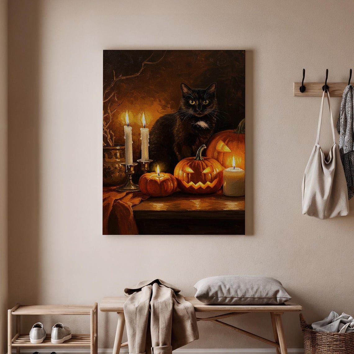Black Cat with Jack-o-Lanterns Candlelit Halloween Scene Poster