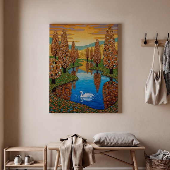 Colorful Landscape Canvas Wall Art Abstract Swan Print Autumn Trees Painting Modern Nature Decor Vibrant River Reflection Poster