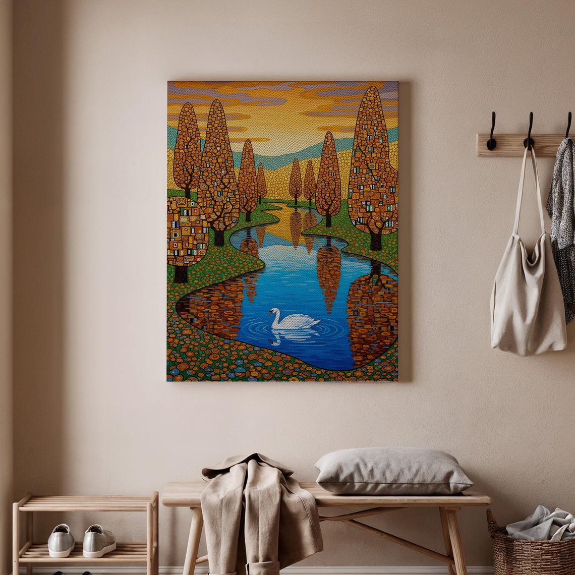 Mosaic Swan Autumn Lake Golden Trees Klimt Style Painting Poster