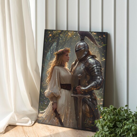 Medieval Knight And Princess In Enchanted Forest Fantasy Poster