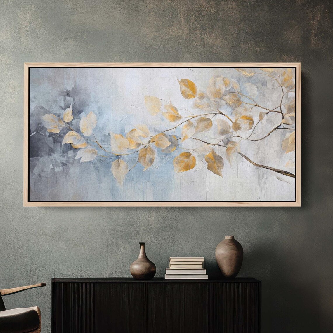 Golden Autumn Leaves Branch Soft Blue Grey Abstract Floral Wall Art