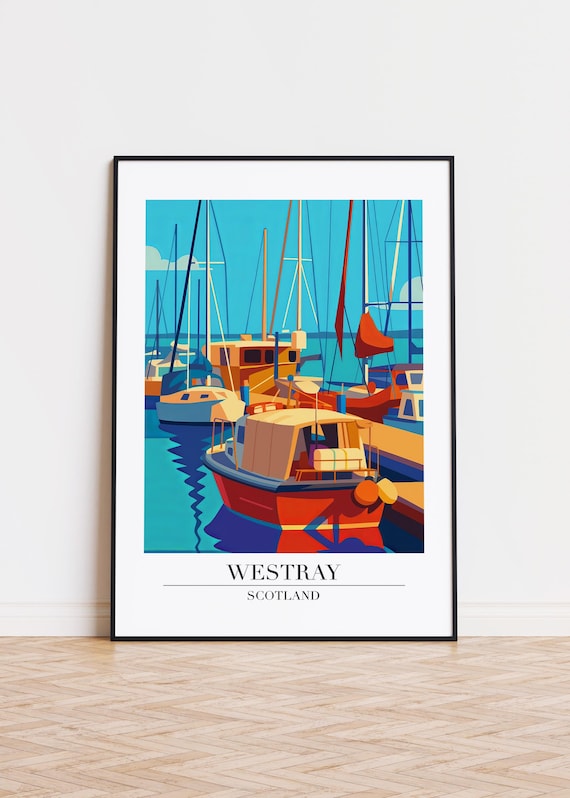 Westray Scotland Colorful Harbor Boats Nautical Travel Poster