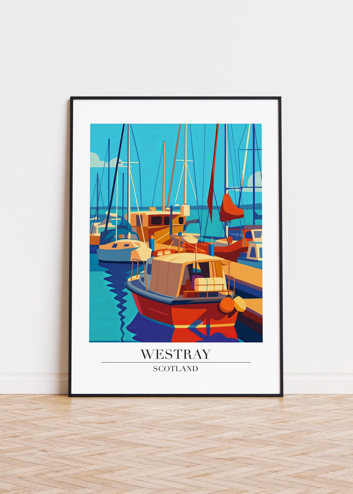 Westray Scotland Colorful Harbor Boats Nautical Travel Poster