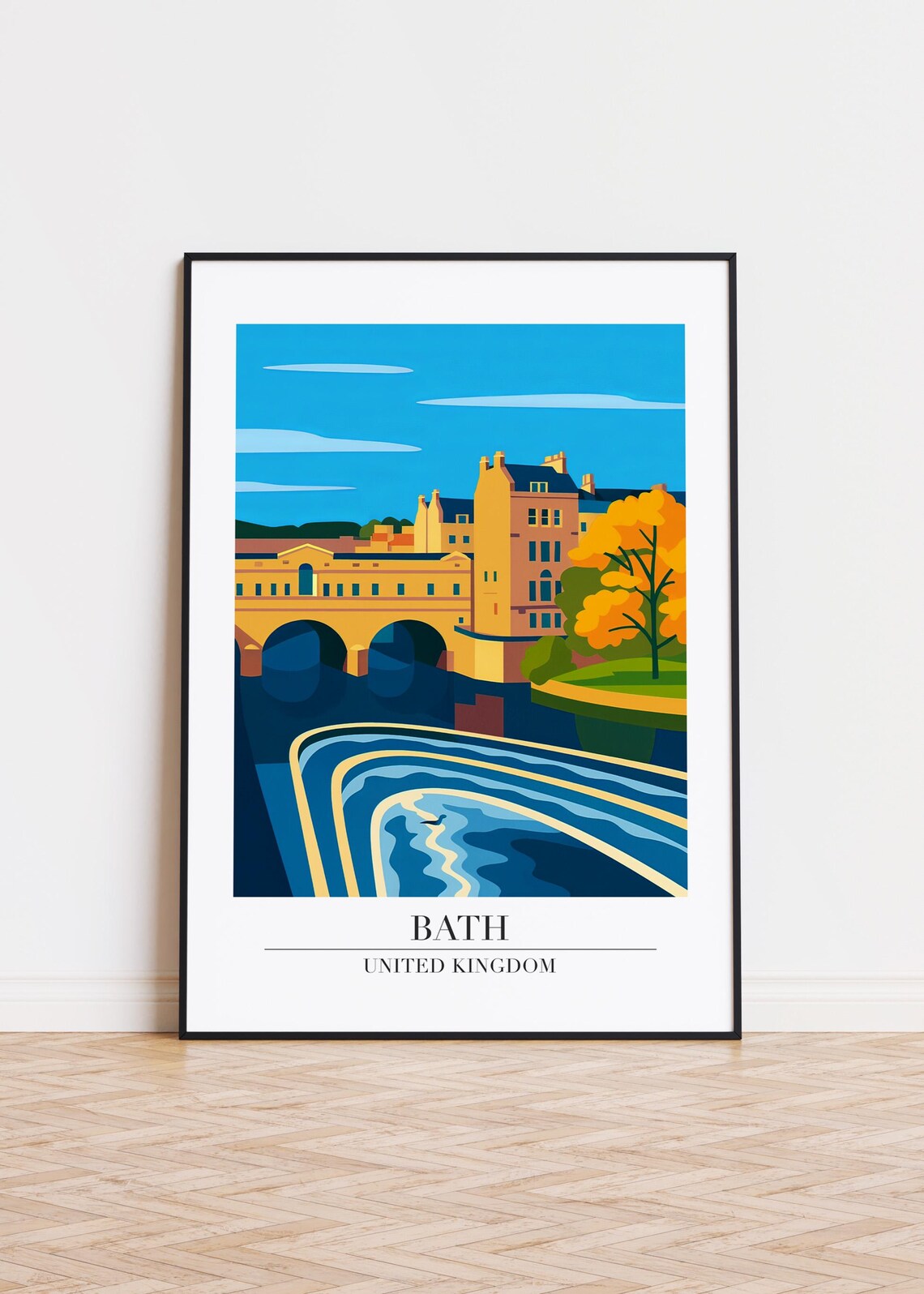 Bath Pulteney Bridge England Vintage Travel Poster River Avon Blue Water Art
