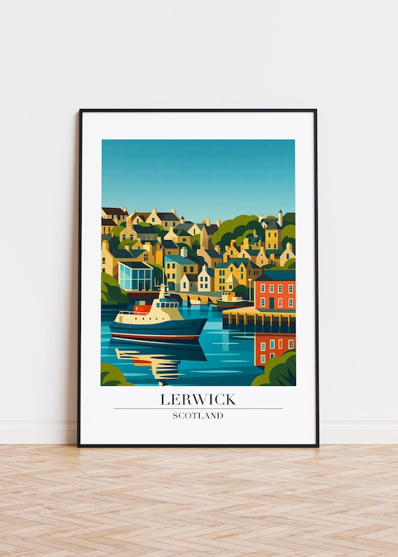 Lerwick Scotland Travel Poster Harbor Boat Town Waterfront Wall Decor