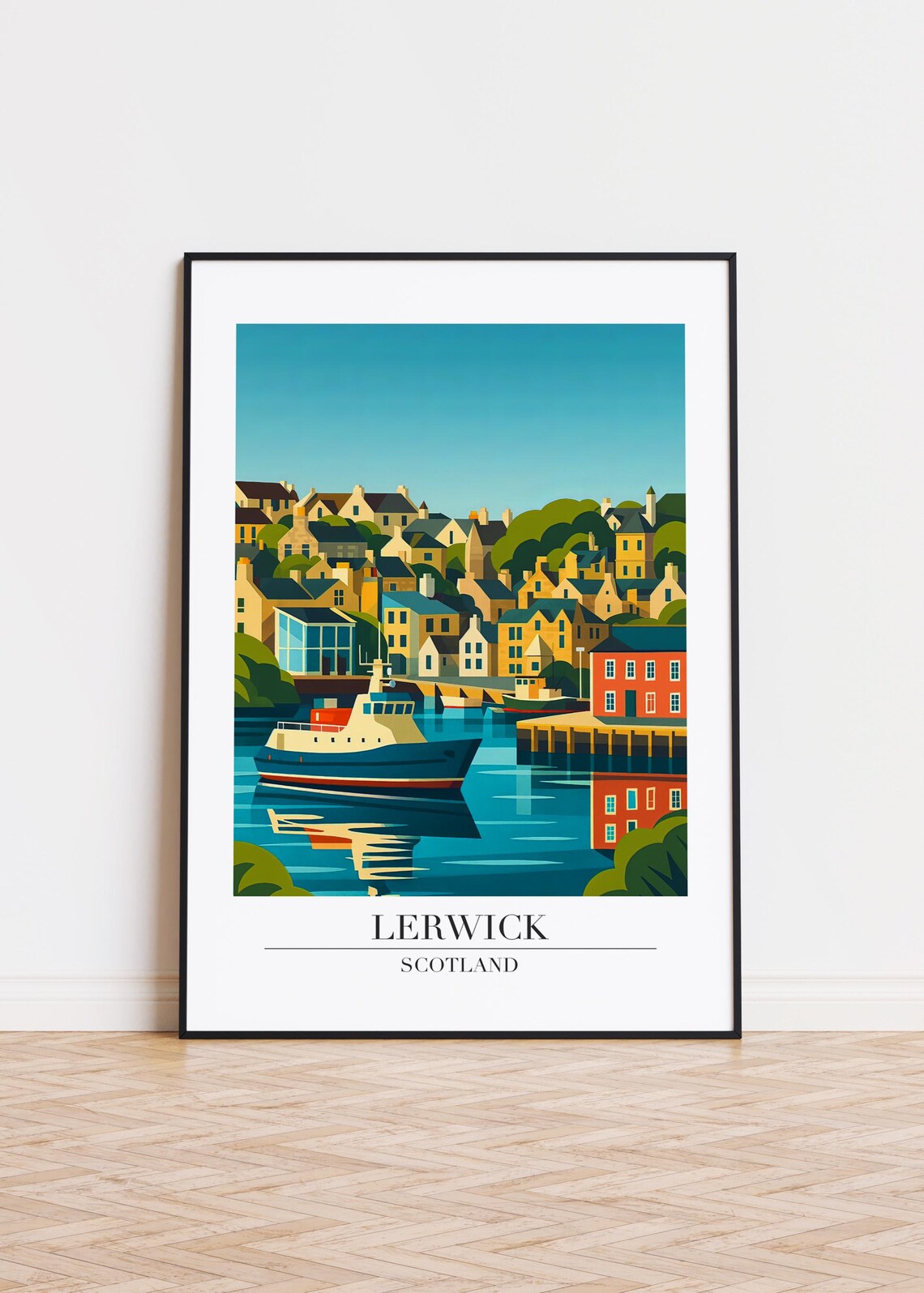 Lerwick Scotland Travel Poster Harbor Boat Town Waterfront Wall Decor