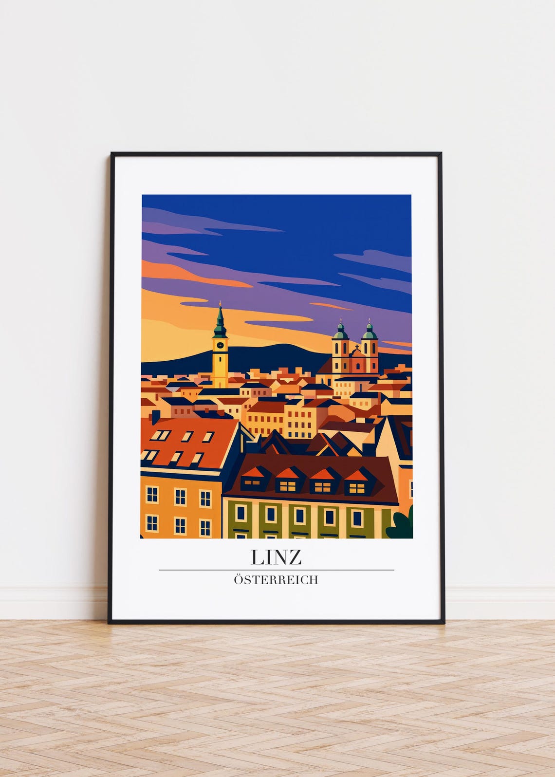 Linz Austria Sunset Old Town Skyline Illustration Travel Poster
