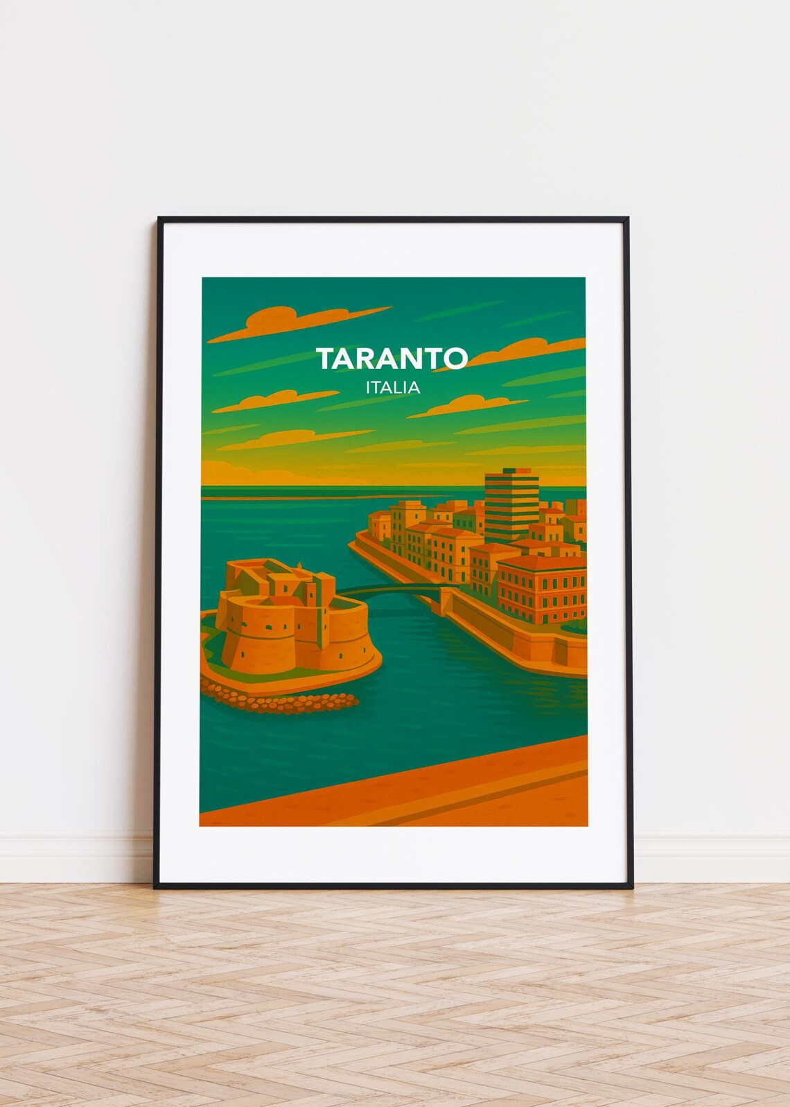 Taranto Italia Ancient Sea Fortress Harbor Retro Travel Poster