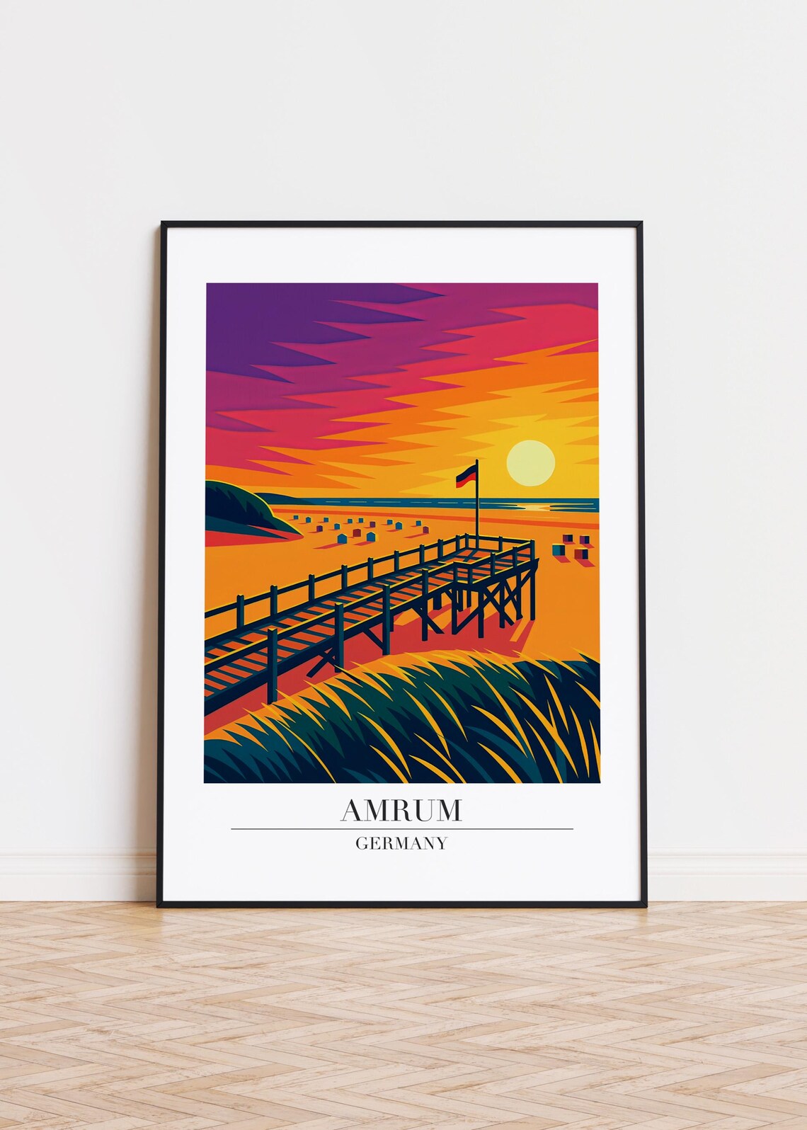 Amrum Germany Sunset Beach Boardwalk Dunes Vibrant Modern Illustration Poster