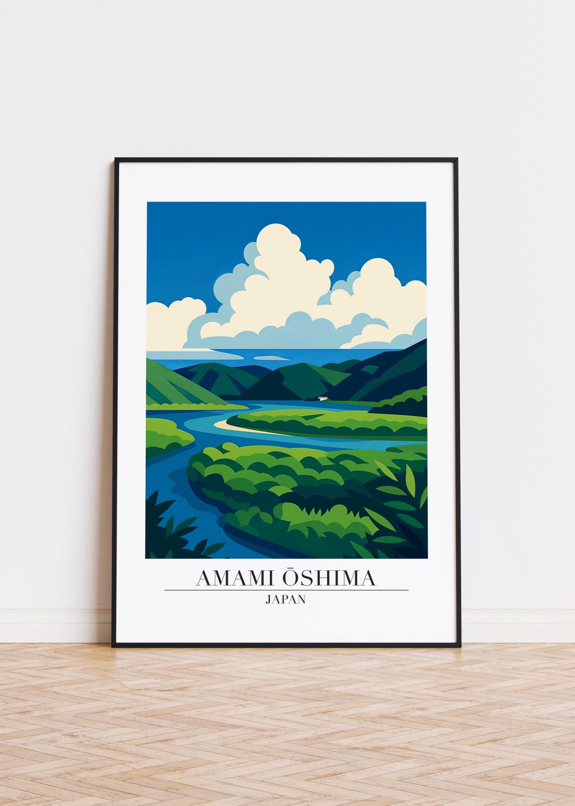 Amami Ōshima Japan Winding River Lush Green Hills Travel Poster