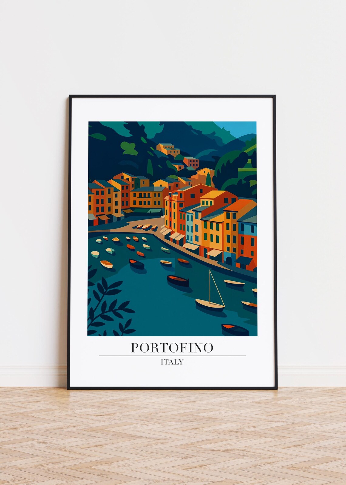 Portofino Italy Harbor Boats and Colorful Waterfront Houses Travel Poster